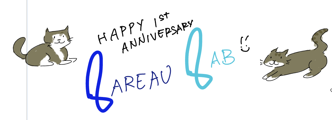 Hand-drawn Happy 1st Anniversary Lareau Lab illustration with two cats